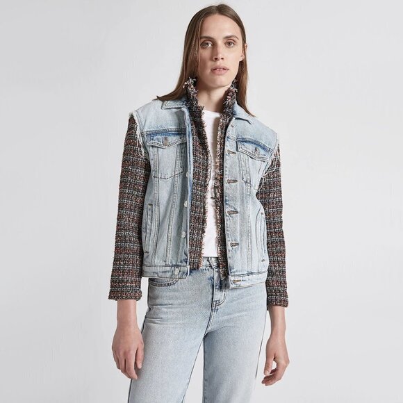 NWT Current / Elliott contrasting denim & tweed short light wash jean jacket - Picture 4 of 16